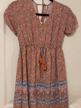 BeBop Coral Floral Keyhole Dress with Blue Accents